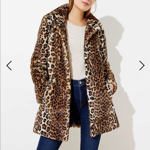NWOT LOFT Leopard Print Faux Fur Funnel Neck Coat